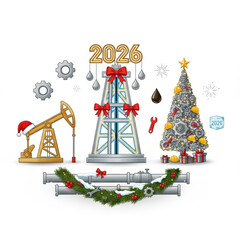 Oil Industry Christmas 2026 Illustration with Pumpjack and Tree