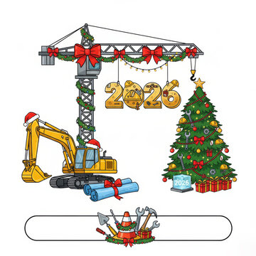 Construction New Year 2026 with Crane and Christmas Tree