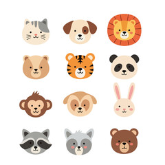 Collection of Adorable Animal Faces Cat Dog Lion Bear Tiger Panda Monkey Rabbit Raccoon.