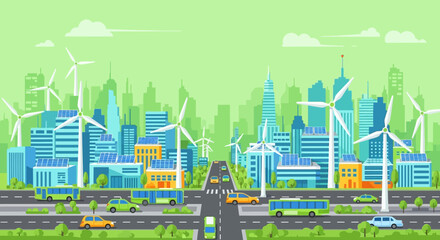 Obraz premium Illustration of a modern sustainable city with wind turbines, green vehicles, and smart urban design. 