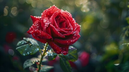 Red Rose in Rain: Close-Up Bloom With Water Droplets and Green Leaves