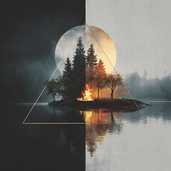Abstract dual landscape with island, burning trees, golden triangle, split celestial body, and water reflection symbolizing nature's contrast.