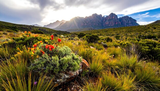 Picturesque landscape Vibrant wildflowers and mountain range under a sunny sky - Powered by Adobe