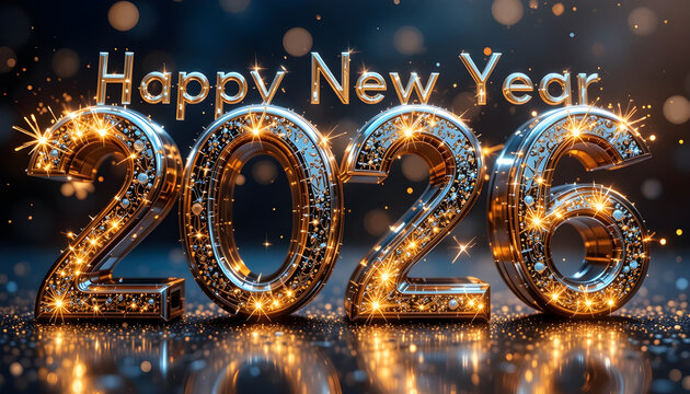 Golden 2026 numbers with Happy New Year text and sparkling lights celebration
