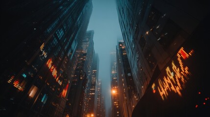 Future city with AI integrated data visualization, A misty urban scene captures towering skyscrapers illuminated by lights, showcasing the dynamic energy of a bustling city.