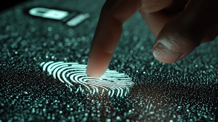 Future city with AI integrated data visualization, A finger touches a digital screen displaying a glowing fingerprint, representing biometric identification and security technology.
