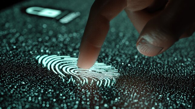 Future city with AI integrated data visualization, A finger touches a digital screen displaying a glowing fingerprint, representing biometric identification and security technology.