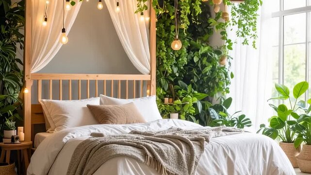 A serene bedroom with natural light, a four-poster bed, and abundant greenery