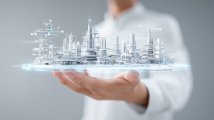 Future city with AI integrated data visualization, A futuristic cityscape is held in a person's hand, showcasing advanced architecture and technology in a sleek, digital representation.