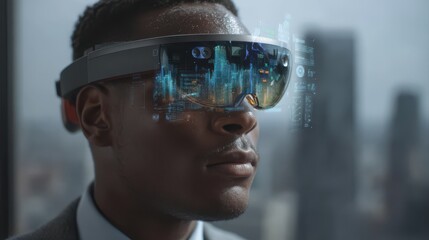 Future city with AI integrated data visualization, A man wearing augmented reality glasses gazes thoughtfully, surrounded by digital overlays depicting cityscapes and futuristic technology.