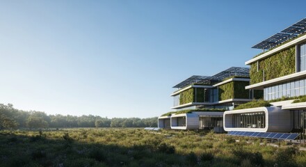 Ultra-Modern Sustainable Architecture with Green Walls and Solar Panels in a Natural Landscape