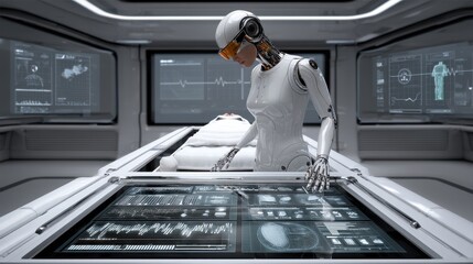 Future city with AI integrated data visualization, A futuristic robot interacts with advanced technology in a sleek, modern environment, analyzing data and monitoring health metrics.