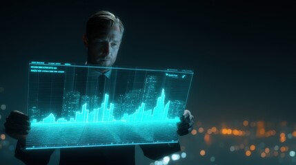 Future city with AI integrated data visualization, A man holds a futuristic holographic display showing data graphs against a night city backdrop, symbolizing technology and innovation.