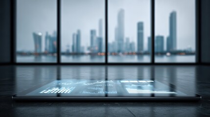 Future city with AI integrated data visualization, A sleek tablet displays data in a modern room with a city skyline visible through large windows, emphasizing technology and urban life.
