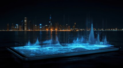 Future city with AI integrated data visualization, A futuristic smartphone displays vibrant data visualizations against a city skyline at night, technology's integration with urban landscape