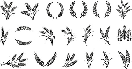 Stunning collection of elegant wheat and grain elements, perfect for branding agricultural products, bakery logos, and harvest celebrations.