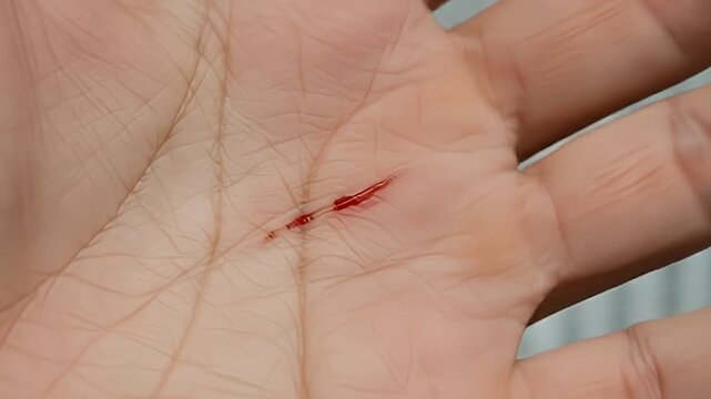 Open human palm displaying a small fresh cut wound with a small amount of blood