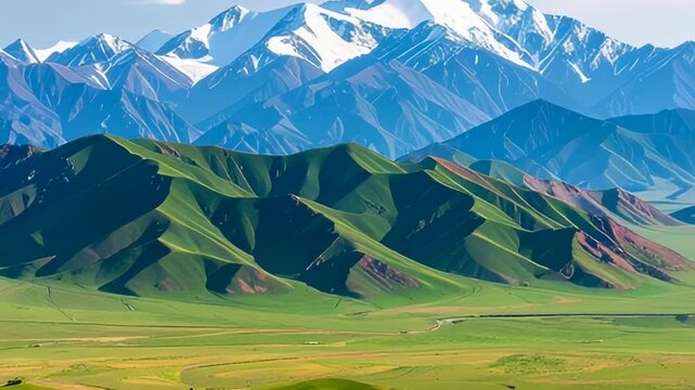 Lush green rolling hills and snow-capped mountains under a bright blue sky