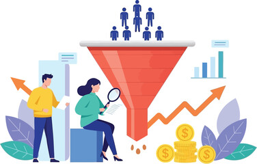 Unlock growth potential with a dynamic sales funnel strategy, converting leads to revenue, analyzed by a vibrant team in modern business illustration