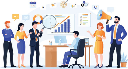 Dynamic team collaborating on data analysis, celebrating business growth and marketing strategy with positive energy in a modern office environment