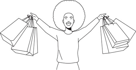 Happy person holding shopping bags minimal vector outline icon isolated on transparent background