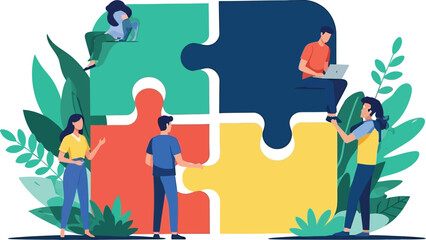 Dynamic team collaborating on a vibrant puzzle, symbolizing teamwork and problem-solving success, perfect for illustrating business solutions and unity