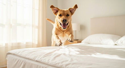 Happy mixed breed dog jumping energetically on white bed in bright sunny bedroom interior. Pet playfulness concept for indoor animal behavior and domestic companion lifestyle activities