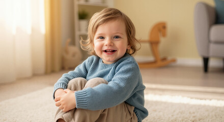 Happy toddler in blue knit sweater sitting cross legged on floor smiling joyfully in bright room. Childhood happiness concept for early development milestones and family home lifestyle moments