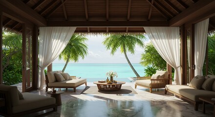 Fototapeta premium Luxury tropical resort hotel room interior with a wooden bed, window view, and private deck for a summer vacation