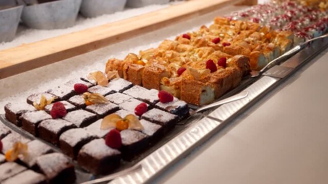 Pastry buffet display with assorted baked goods arranged on trays in indoor setting