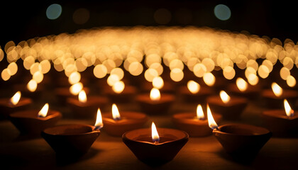 A sea of glowing diya oil lamps with a beautiful golden bokeh background, symbolizing the Festival of Lights for Diwali.
