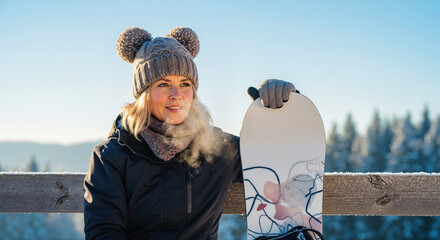 Portrait of a happy woman with a snowboard on a sunny winter day. Active mature female enjoying a cold day at a ski resort. Winter sports vacation concept