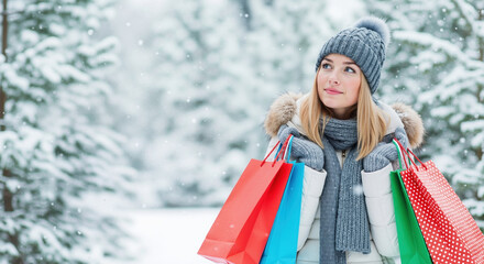 A young woman holds colorful shopping bags in a snowy winter forest. Holiday and Christmas gift shopping. Seasonal sale concept with copy space
