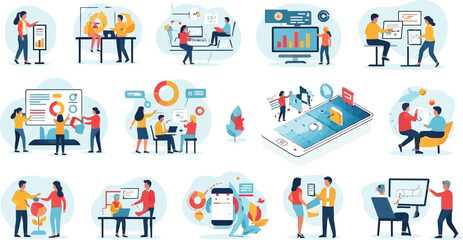 Boost collaboration with vibrant business illustrations showing teamwork and growth, ideal for presentations, marketing, and corporate communications projects