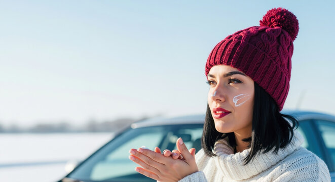 A woman applies sunscreen to her face for winter sun protection. Skincare routine in a cold, snowy environment. Copy space