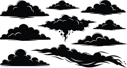 Dramatic cartoon cloudscape elements offering stormy weather vibes for designers seeking impactful black and white graphic assets for creative projects