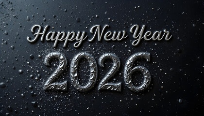 Silver Happy New Year 2026 text with water droplets and glitter image