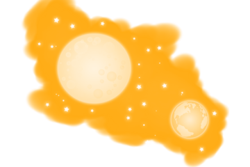 Abstract orange blob with dark circles and tiny black dots against a stark black background evoking a cosmic or cellular visual