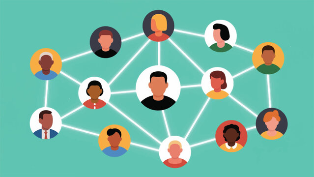 Illustration Of Group Of Diverse Profile Icons (Round Vector Heads) Interconnected By Glowing, Invisible Threads Representing Online Community Vector Design Template