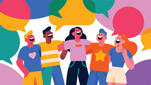 illustration of group of friends genuinely laughing together in real life, their joy is visualized as big, overlapping, colorful speech bubbles without any digital interface.eps