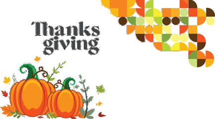 Celebrate Thanksgiving with this vibrant seasonal design featuring pumpkins, leaves, and geometric shapes for festive banners and invitations this year