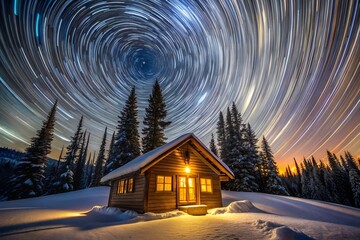 Charming wooden cabin nestled in a snowy landscape under a mesmerizing night sky with swirling star trails