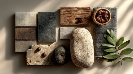 Neutral-Toned Fabric and Tile Mood Board Flat-Lay with Earthy Materials