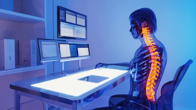 Person at desk with visible spine and skeleton working on computer in blue lit room setting render