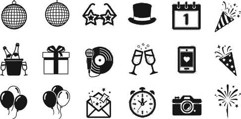 Festive New Year's Eve party icons ready to celebrate the year with disco balls, party favors, and gifts for a fun celebration