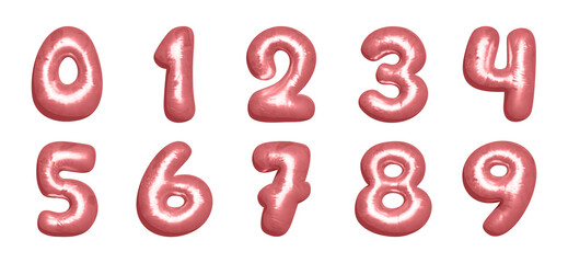 Complete 3D rose gold balloon numbers 0 to 9 isolated on white background. Metallic inflatable digits for party design, wedding, birthday, anniversary, New Year celebration, and festive decoration.
