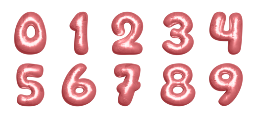 Complete 3D rose gold balloon numbers 0 to 9 isolated on white background. Metallic inflatable digits for party design, wedding, birthday, anniversary, New Year celebration, and festive decoration.