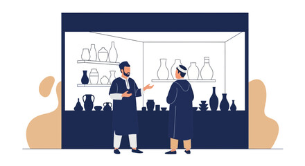 Elegant illustration of two men in traditional dress discussing pottery in a shop setting