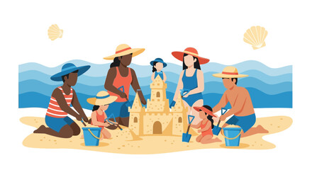Family fun vacation beach time sandcastles together happy memories enjoyment togetherness