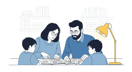 Family study time illustration with parents helping children learn and grow together